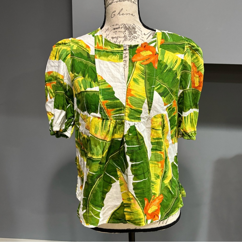 Cynthia Rowley Green and Orange Leaf Print Shirt